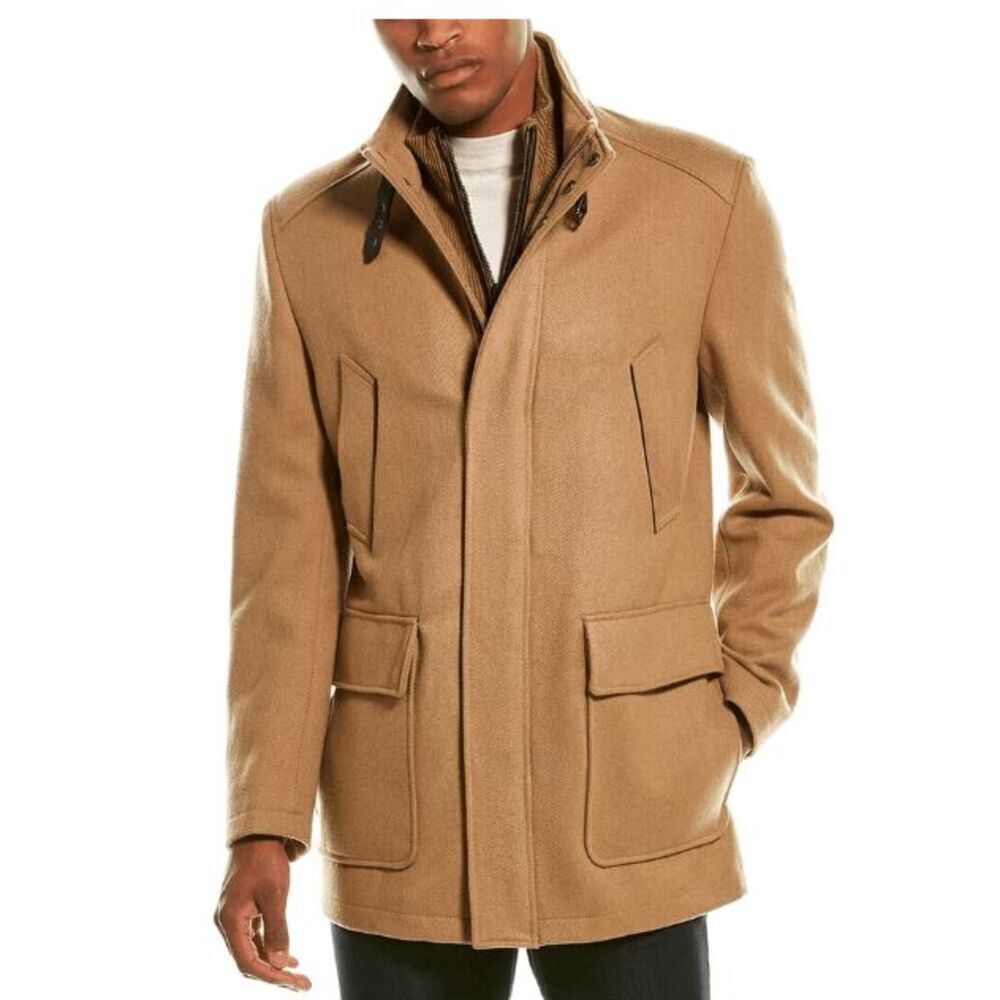 Cole Haan Grandseries Wool Blend Topper Coat Camel Tan Sweater Bib Size Small